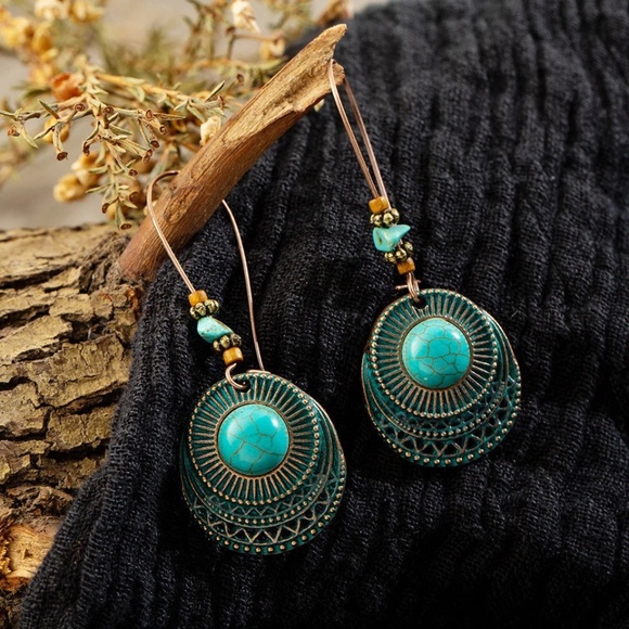 Turquoise earrings, Vintage Turquoise dangle earrings, statement earrings, Boho - Picture 1 of 5